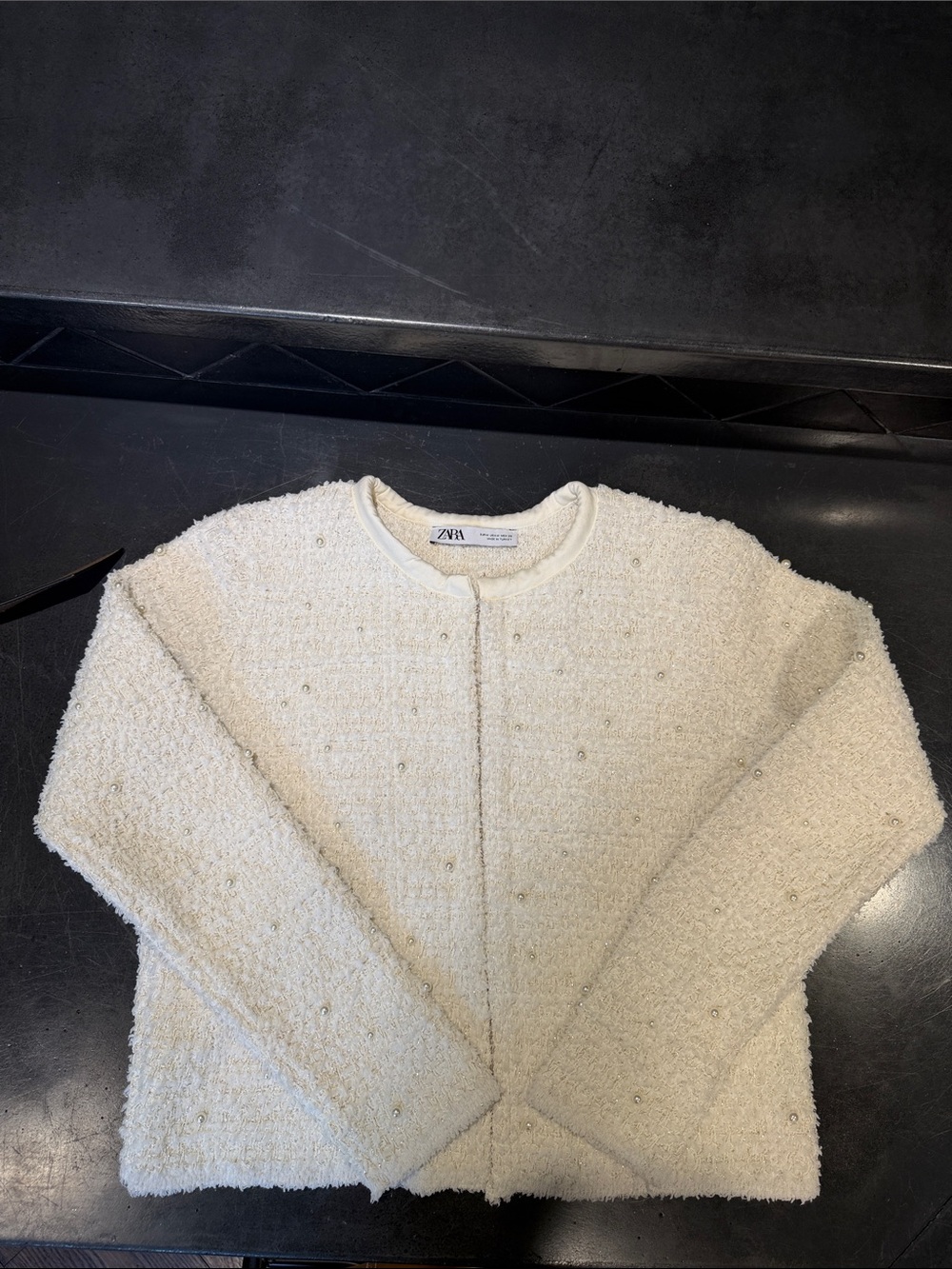 Zara Cream Bouclé Pearl-Embellished Crew Cardigan